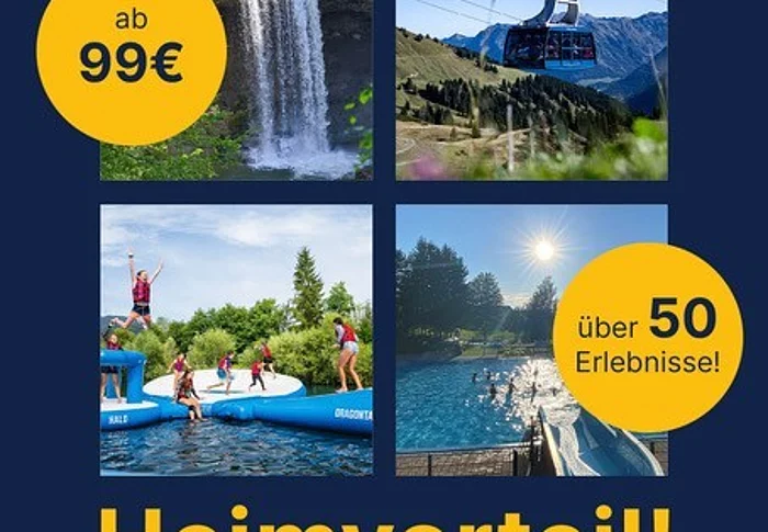 Plakat zum VielPass100. Vier Bilder zeigen verschiedene enthaltene Leistungen vom VielPass100. Links oben ein Wasserfall in grüner Natur. Rechts oben eine Gondelbahn. Links unten ein Luftkissen-Parcours auf Wasser. Reichts unten ein Freibad.