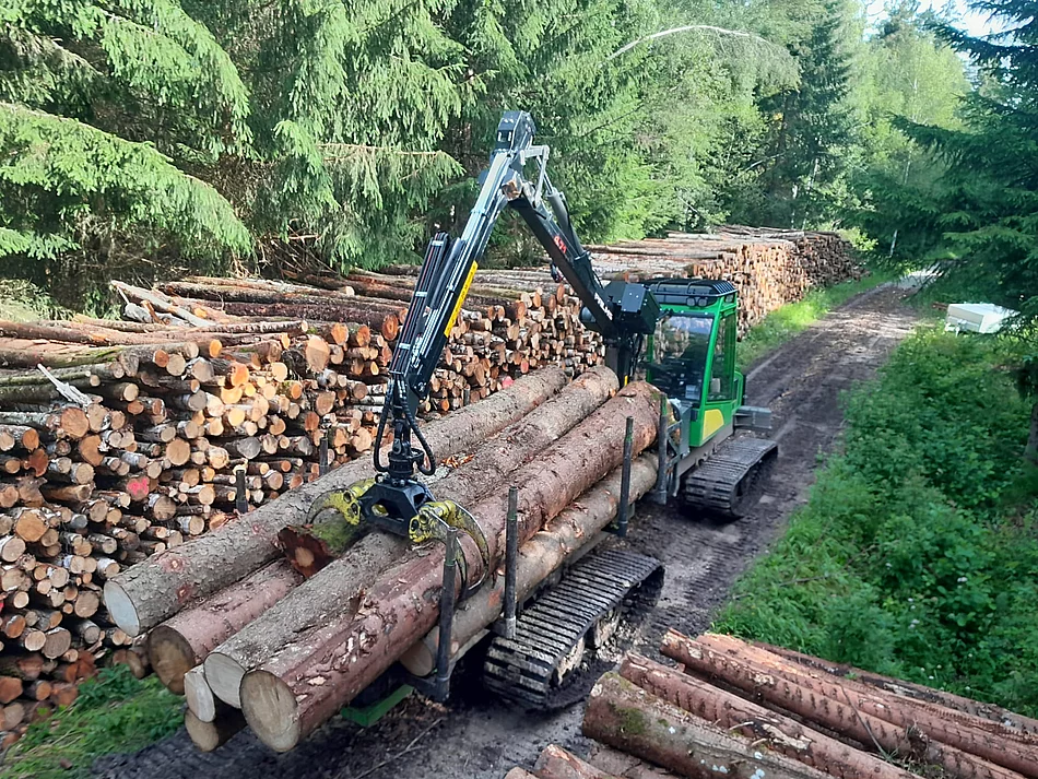 Ein grüner Bagger mit einem langen Schwenkarm fasst Baumstämme auf einem Hänger. An den Seiten befinden sich große Holzstapel ebenfalls mit Baumstämmen. Darum herum Nadelbäume.